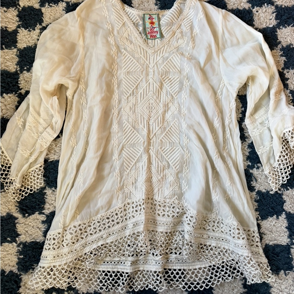 Johnny Was Sheer Embroidered Crochet Tunic Blouse Cream Ivory lace